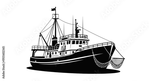 A black and white illustration of a fishing boat with nets, viewed from the side in a calm sea environment