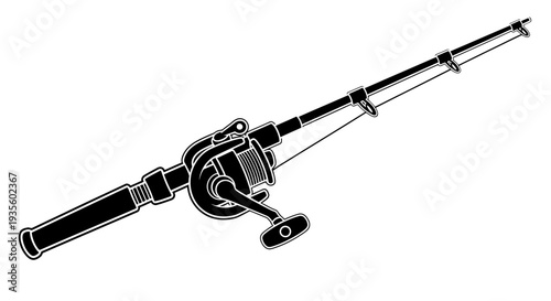 A detailed illustration of a fishing rod with reel, viewed from the side on a plain background