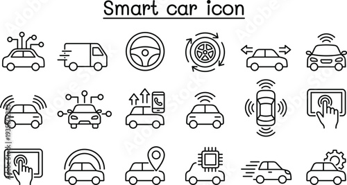 Smart car technology icons set featuring autonomous vehicle, connected car, GPS navigation, remote control, sensors, steering wheel and intelligent transportation symbols
