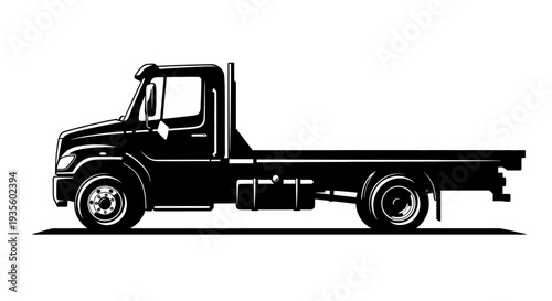 A black flatbed truck is viewed from the side on a plain white background with a simple illustration style