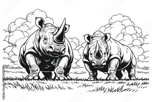Pair of Strong Rhinoceros Standing in a Savannah Landscape Vintage Woodcut Style Vector Illustration for Safari and Wildlife Themes