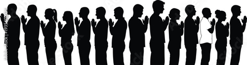 Black silhouettes of diverse people standing in line and praying with folded hands for faith spiritual community and worship vector