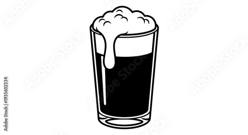 A dark beer with frothy head in a glass, illustration style, viewed from the side