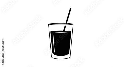 A glass filled with dark liquid and a straw on a simple background