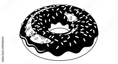 A chocolate frosted donut with sprinkles on a plate illustrated in a simple graphic style from a top-down viewpoint