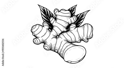 Ginger roots with leaves illustration from a close-up viewpoint