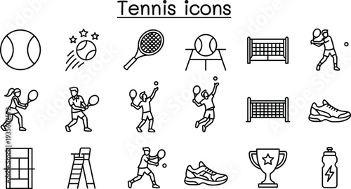 Tennis sport icons set featuring tennis ball, racket, player action, court, net, shoes, trophy and professional tennis equipment symbols line vector