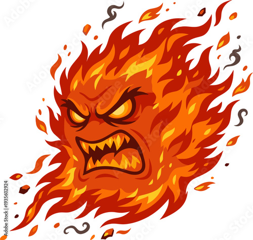 Angry Fiery Monster With Sharp Teeth And Glowing Eyes Burning Brightly
