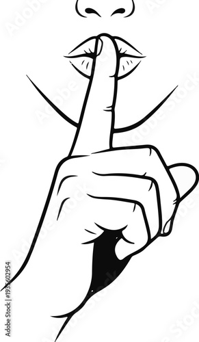 Graphic depiction of a finger pressed to lips, conveying a gesture of silence or secrecy