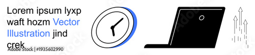 Time management, productivity tools, remote work, digital workflow, online business, task optimization. Clock icon next to a laptop with upward arrows. Time management and productivity tools concept
