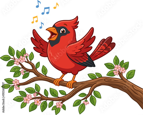 Animated Red Cardinal Bird Singing Joyfully on a Spring Blossom Branch