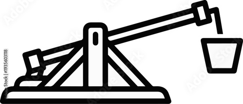 Simple line art icon of a trebuchet launching a projectile