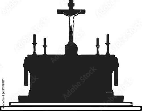 Silhouette of a crucifix atop an altar with candelabras