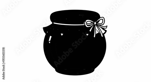 Black stylized jar with a white ribbon tied in a bow around its neck