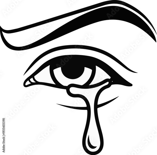 Graphic illustration of an eye with a prominent eyebrow, shedding a large tear