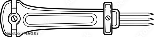 Line drawing of a tool with three pointed prongs and a handle