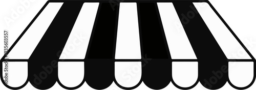 A black and white striped awning with scalloped bottom edge