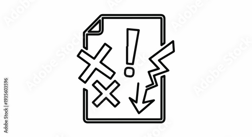 Abstract graphic of document with warning symbols, crosses, and arrow
