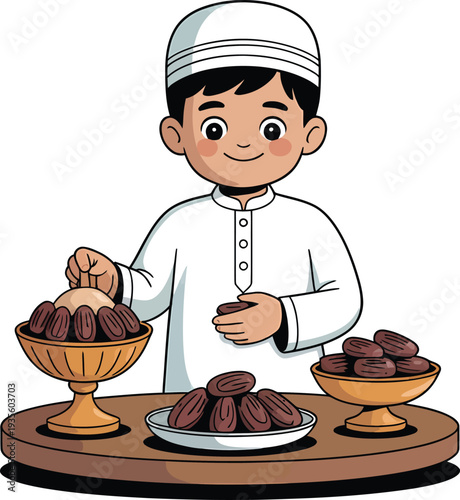 Cartoon illustration of a little boy serving food on a tray for iftar in a kitchen scene