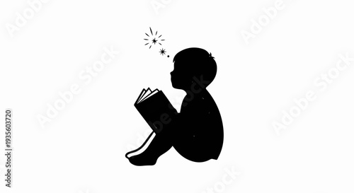Black silhouette of a child reading a book with stars above head