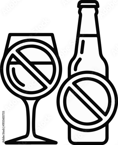 A glass and bottle with prohibition symbols indicating no alcohol