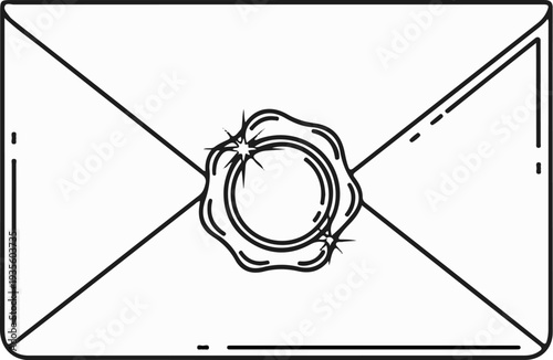 A line art drawing of an envelope sealed with a wax stamp