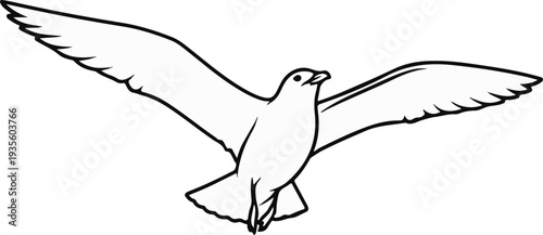 A simple line drawing of a bird with outstretched wings in mid-flight