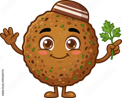 Cute Cartoon Falafel Character Waving Holding Parsley Sprig Wearing Kufi Hat