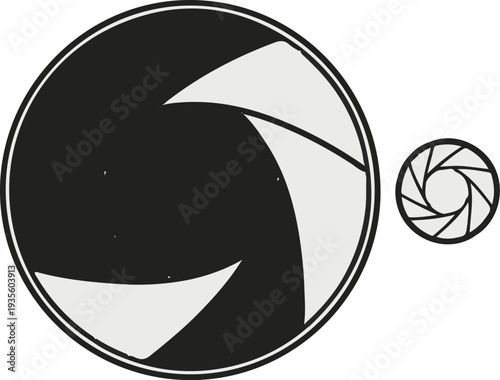 Two stylized camera apertures, one large and one small, in monochrome