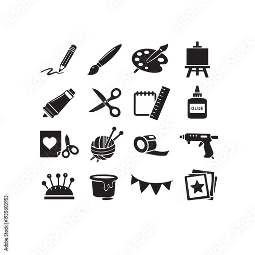 Art and craft silhouette icon set featuring solid filled symbols for creativity, design, DIY projects, painting, drawing, crafting, hobbies, illustration, decoration, digital design, and creative work