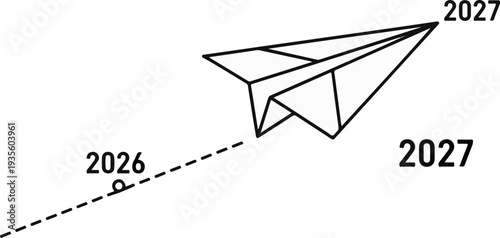 A dashed line from 2026 leads to a paper airplane flying towards 2027