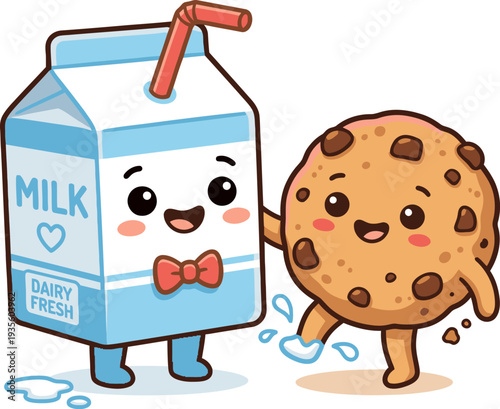 Cute Cartoon Milk Carton And Cookie Dancing Together With Happy Expressions