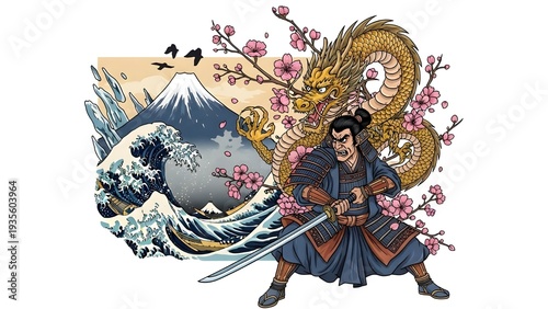 Japanese samurai warrior with katana and golden dragon, Mount Fuji and wave illustration