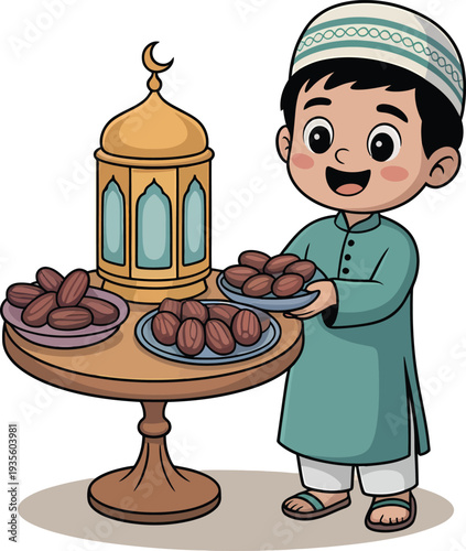 Cartoon illustration of a little boy serving food on a tray for iftar in a kitchen scene