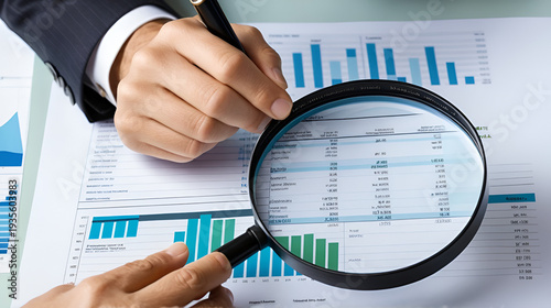 Business professional analyzes financial data using magnifying glass.