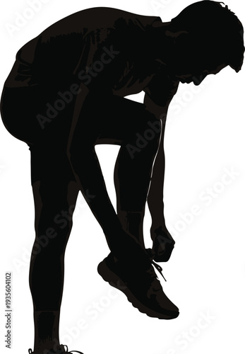 Ready to Run: Silhouette of a dedicated runner bends down, tying shoelaces, focused on the journey ahead, ready to take the next step.