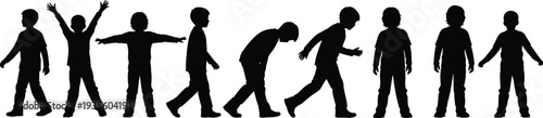 Child silhouette vector illustration sequence, movement poses, standing, walking, raising arms, bending, reaching, growth, activity, development, culture, art