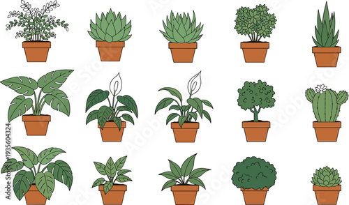 Indoor Potted Houseplants Collection with Succulents Cactus Monstera Foliage Plants and Decorative Home Garden Pots Vector Illustration Set.