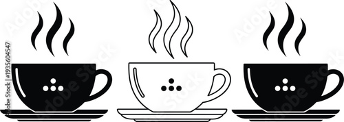 Coffee cup icon set with steam and saucers in black and white minimalist style for cafe restaurant beverage vector illustration