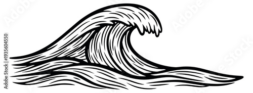 Line art illustration of a powerful ocean wave depicting movement for water sport designs