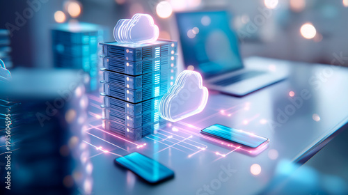 Isometric 3D render of a cloud computing infrastructure diagram stylized server towers connected by glowing data bridges to desktop computers and mobile devices arranged on a