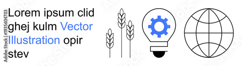 Agriculture, innovation, sustainability, globalization, energy solutions, food production. Wheat stalks, gear inside a light bulb and a globe. Agriculture and innovation concept