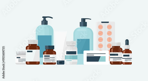 Assortment of health and beauty products including lotions, pills, and creams