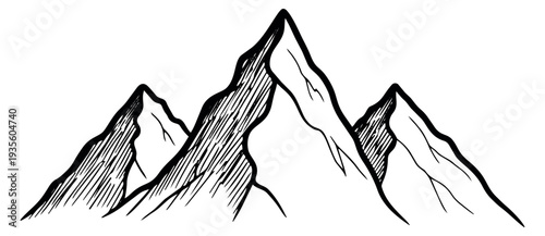 Hand drawn line art illustration of mountains depicting a natural landscape for outdoor and travel designs