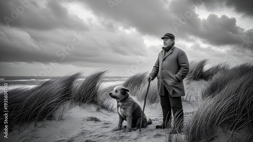 Lonely man walking dog on coastal sand dunes under dramatic storm clouds