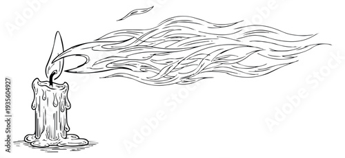 Hand drawn line art illustration of a burning candle depicting smoke trails for a mysterious design