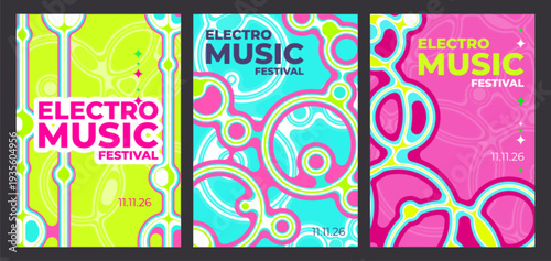 Abstract music poster with colorful geometric patterns, retro vector background set. Modern sound design for party flyers, concert invitations, electronic music events with spheres, balls or bubbles