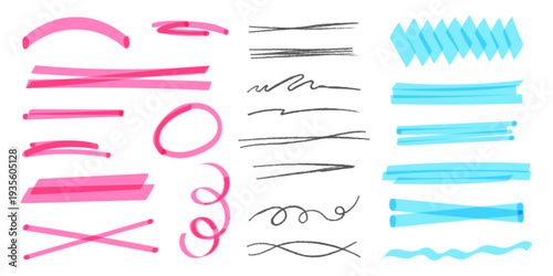 Handdrawn marker highlights and underlines, colorful pen doodle strokes, vector set isolated on white. Sketch scribbles on whiteboard, different marks for emphasis, marker texture thick and thin lines