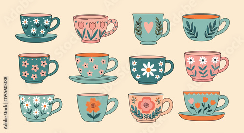Collection of colorful teacups and saucers with floral patterns and designs.