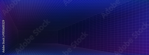 3D wireframe grid room with perspective lines, immersive digital space for VR metaverse games. Vector background of futuristic cyber environments with neon purple grid accents.